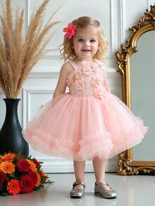 Đầm bé gái không tay thêu hoa 3D đính sequin, chất liệu lưới, dễ thương, thích hợp cho tiệc sinh nhật, lễ kỷ niệm, họp mặt gia đình. Không bao gồm băng đô cài tóc. - Màu Hồng baby - Xem 5