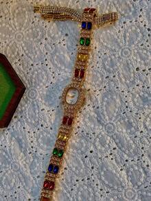 1pc New Luxury Colorful Gemstone & Crystal Inlaid Vintage Elegant Fashion Women's Watch, Oval Faux Pearl Dial, 30M Water Resistant, Suitable For Daily Wear, Parties, Vacations And Outings - Gold - View 8