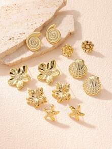 1/6 Pairs New Fashion Gold Smooth Rose, 5-Petal Flower, Leaf, Starfish, Seashell Stud Earrings Set, Suitable For Women And Girls Daily Wear, Fashionable And Elegant, Can Match Different Outfits - Gold - View 4