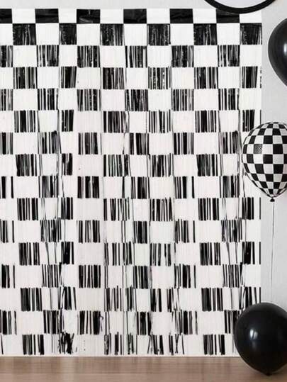 1pc/2pcs Racing Car Theme Metal Wire Curtain, Black & White Checkered Tassel Curtain, Racing Car Theme Birthday Party Decor Curtain, Racing Car Theme Birthday Party Foil Curtain, "Start Racing" Party Background Decor, Indoor & Outdoor Party Background Decor, Photography Prop