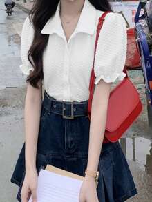 泡泡袖褶皱 Polo 领宽松短袖衬衫 - 白色 - 查看 6