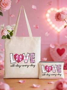 1/2个可爱爱心帆布手提袋，单面印花，可重复使用购物袋，大容量，帆布材质，爱心礼物，情人节礼物，浪漫情人节礼物，休闲风格 - 彩色 - 查看 15