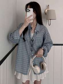 女士宽松休闲百搭长袖格子 Polo 衫 - 藍色 - 查看 4