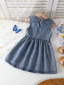 1件装 女童户外休闲日常可爱简约翻领蝴蝶结刺绣无袖牛仔背带裙 - 中等水洗藍 - 查看 2