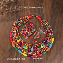 1 Set Handmade Multi-Layer Exaggerated Wooden Bead Necklace, Boho Style Bib Necklace For Women, Suitable For Beach, Party, Middle Eastern Formal Occasions, Colorful Necklace & Earrings & Bracelet Jewelry Set - Color 1 - View 3