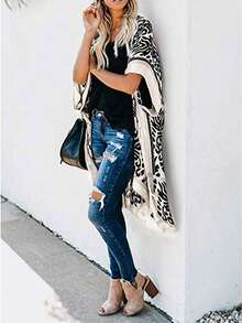 Plus Size Floral Print Loose Casual Kimono Vacation Beach Black Summer - Black - View 3