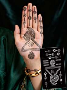 Hana手绘镂空纹身模板 极简主义 Hana新娘优雅蕾丝曼陀罗花卉图案贴纸 适用于手部、脚部、肩部、颈部、锁骨 半永久性假纹身贴纸 1包 - 黑色 - 查看 14