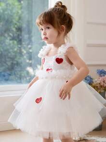 女婴白色亮片撞色红色爱心贴花优雅情人节派对礼服，公主裙，适合女婴一周岁生日派对、婚礼花童、奢华场合庆典礼服 - 白色 - 查看 5