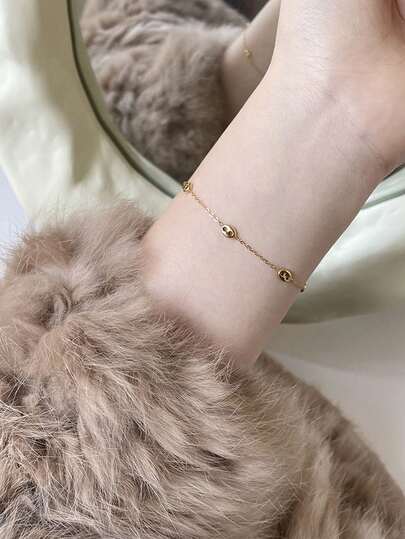 TONSI 1pc Retro Coin Style 18K Gold Plated Stainless Steel O-Chain Bracelet, Low Allergy Sophisticated Jewelry Bracelet, Suitable For Women's Daily, Commute, Party Wear, Valentine's Day Gift