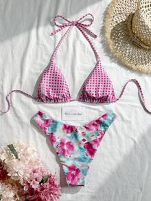 2025 Reversible Printed Sexy Bohemian Style Halter Bikini Swimwear 2 Pieces Set Vacation Beach Summer - Multicolor - View 3