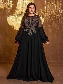 SUPGIR 大码女式圆领灯笼袖奢华珍珠亮片拼接雪纺正式晚礼服，优雅 - 黑色 - 查看 4