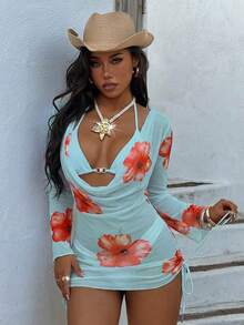 Sweety 3pcs/Set Vacation Beach Floral Jacquard Bikini Set For Summer 3pcs/Set Beach Resort Spring/Summer New Pearl Buckle Chiffon Print Halter Top, Bra Top & Bottom Swimwear,Cover Up Skirt,Removable Swimwear PadsSwimsuit,Summer Dresses For Women,Summer Clothes Women,Festival,Skirts,Ibiza Outfits,Swimwear Women,Bikini Set,Swimming Costume Women,Beach Wear Women,Holiday Co Ord,Beach Dress,Bikinis For Women Sets - Multicolor - View 10