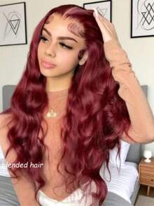 34英寸酒红色180%密度无结假发，无需胶水，真人发混纺预拉伸预剪裁13x4高清蕾丝闭合假发，真人发混纺水波纹蕾丝前假发，女士可佩戴假发，10-36英寸 - S99J/BUG - 查看 4