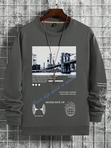 (250g  Men's Round Neck Sweatshirt) The New York City Skyline Never Gives Up Printed Casual Pullover With Street Style, Suitable For Outdoor Wear In Autumn And Winter - 深灰色 - 查看 2