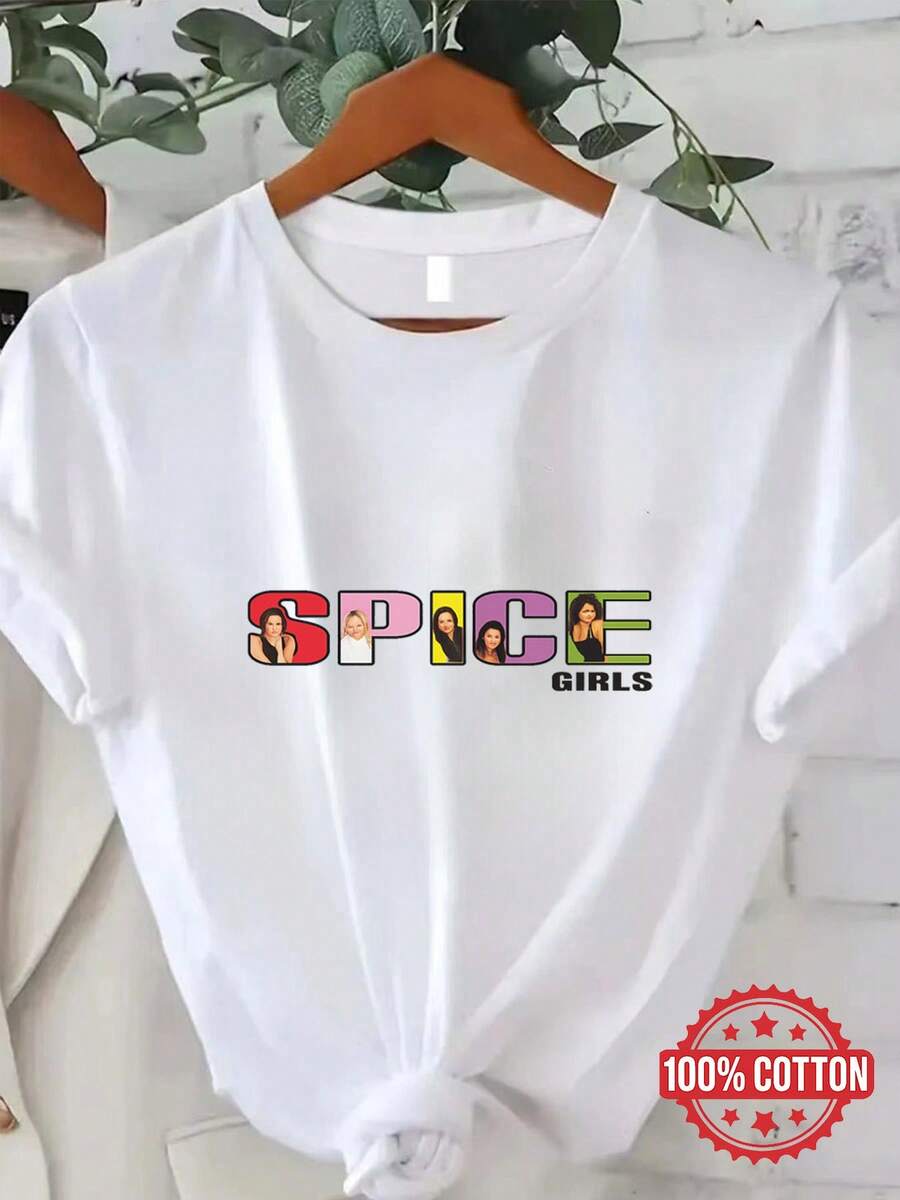 Women'S Spice S Graphic Tee - Retro 90s Britpop Band Shirt With Red, Green, Yellow Letters - Vintage Spice S Inspired T-Shirt For Concerts, Casual Outfits & Nostalgia Fashion - Soft Everyday Britpop Top, Concert Attire, Comfortable Fit, Breathable Fabric, Music Lovers - trắng - Xem 1