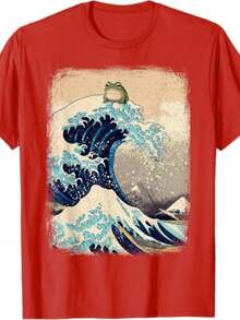 Unisex T-Shirt, Printed Style, Men's And Women's, Big Waves With Frog On Top, Funny Stylish Shirt, 100% Cotton, Promotion, Free Fast Shipping - 紅色 - 查看 1