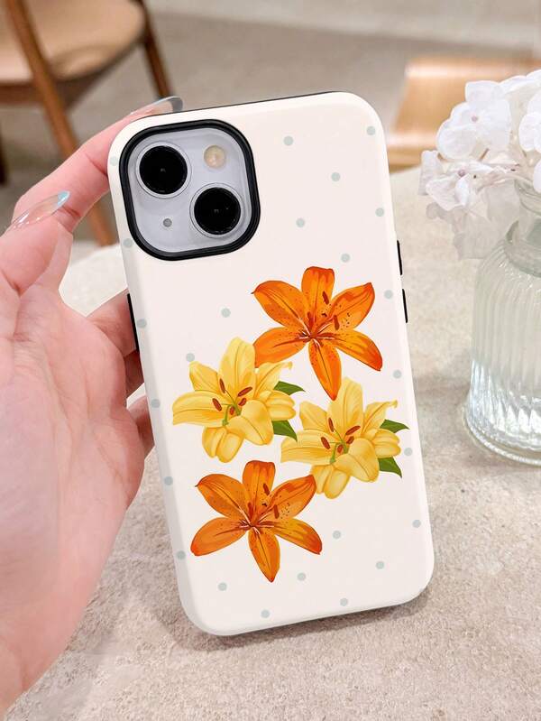 1pc Watercolor Lily Flower & Polka Dot Pattern Glossy 2-In-1 Filmic Hard Phone Case, Suitable For Samsung/ 11/12/13/14/15/16/17 Pro Max