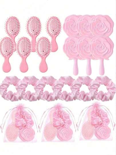 24pcs Bridal Gift Set, Including Pink Hair Comb, Pink Elastic Hair Bun, Pink Makeup Mirror, Pink Sheer Bag, Wedding Hair Accessories, Bridesmaid, Proposal, Birthday, Party Decor, Bridal Shower, Guest Favors, Bridesmaid Souvenirs, Summer Beach Back To School Supplies, Room Decor