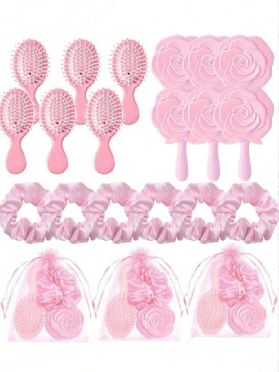 24pcs Bridal Gift Set, Including Pink Hair Comb, Pink Elastic Hair Bun, Pink Makeup Mirror, Pink Sheer Bag, Wedding Hair Accessories, Bridesmaid, Proposal, Birthday, Party Decor, Bridal Shower, Guest Favors, Bridesmaid Souvenirs, Summer Beach Back To School Supplies, Room Decor - Pink - View 1