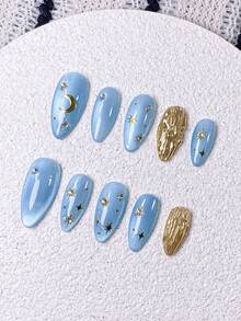 10片手工制作的按压式美甲贴片，短款杏仁形美甲，假指甲，法式美甲贴纸，金色、白色、粉色、红色，可爱猫眼图案，优雅奢华风格，金色猫眼渐变，手绘3D金色线条钻石郁金香，美甲宝石装饰，可重复使用，适合女性和女孩 - 淺藍色 - 查看 3