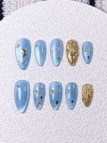 10片手工制作的按压式美甲贴片，短款杏仁形美甲，假指甲，法式美甲贴纸，金色、白色、粉色、红色，可爱猫眼图案，优雅奢华风格，金色猫眼渐变，手绘3D金色线条钻石郁金香，美甲宝石装饰，可重复使用，适合女性和女孩 - 淺藍色 - 查看 2