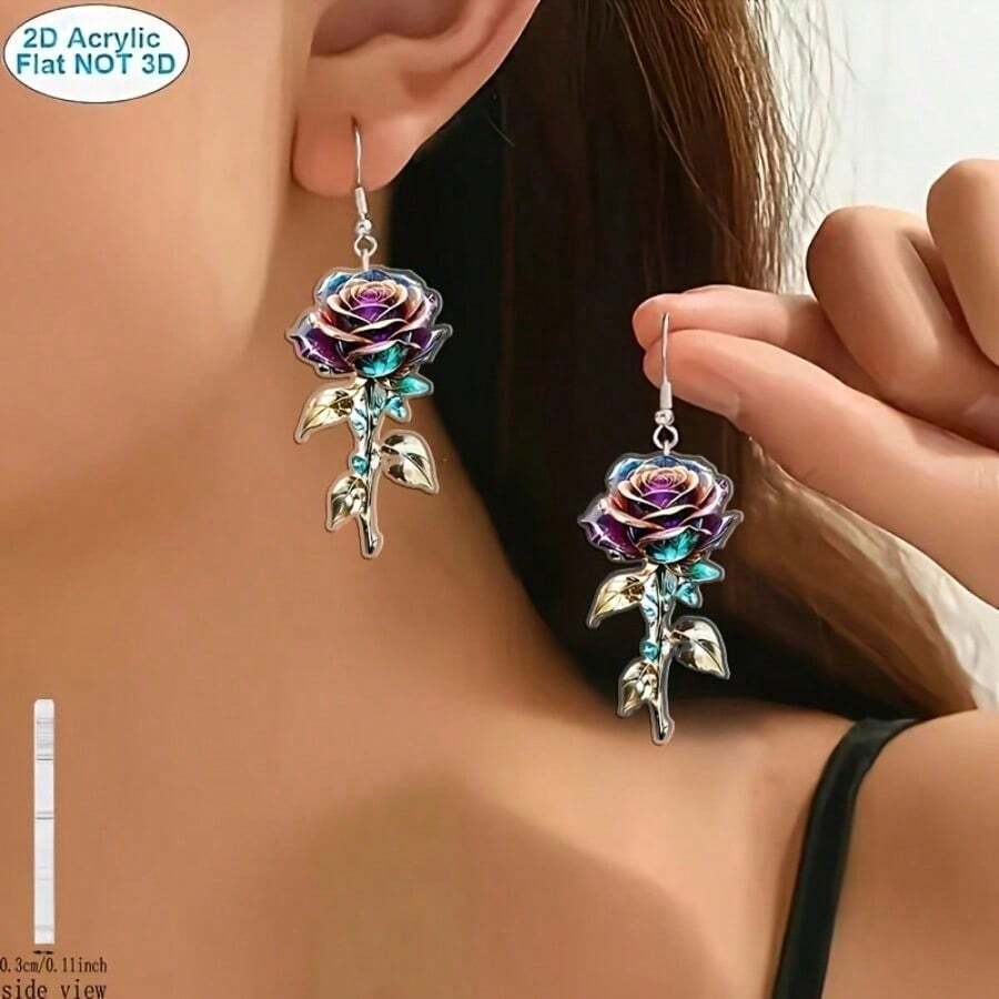 2D Flat, A Pair Of Charming Purple Rose Design Double-Sided Simulation Pattern Acrylic Earrings - A Lightweight And Battery-Free Ladies' Accessory With A Wide Range Of Choices. Perfect Holiday Party Gifts For Christmas, Valentine's Day And Thanksgiving. Fun Accessories. Smooth Surface, Unique 2D Flat Earrings - Multicolor - View 1