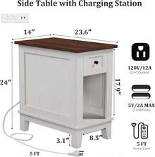 Narrow Side Table With Charging Station - Small Side Tables For Living Room, Nightstand - White - View 7