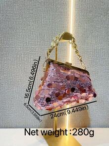 Esta bolsa de festa elegante e luxuosa apresenta enfeites de lantejoulas combinados com uma corrente de metal. Adequada para meninas, mulheres, estudantes universitárias e profissionais jovens, é perfeita para trabalho, negócios, transporte e ocasiões escolares. - Rosa chiclete - Visão 3