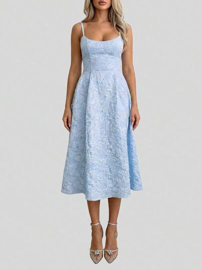 Sedessea Floreya 夏季优雅纯色法式高端优雅腰饰修身吊带中长连衣裙 蓝色