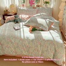 花卉植物图案被套套装，拉链封口设计，田园风格床上用品，3/4 件套野花被套套装 - 复古农舍风格，花田系列（1 个被套 + 1 个床单 + 1/2 个枕套，不含被芯） - 薄荷綠 - 查看 5