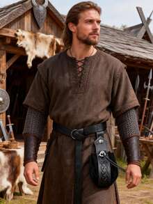 2pcs Medieval Viking Retro PU Leather Printed Pouch Belt, Extra Long Waist Belt, Party Carnival Viking Warrior Knight Costume Prop