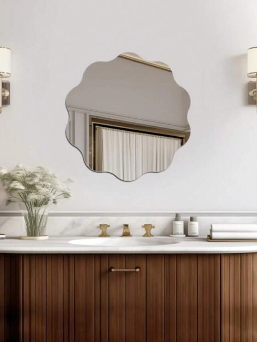 圆形波浪镜 | 亚克力圆形壁镜，适用于浴室、卧室、客厅、门厅等家居装饰，复古风格，银色镜面，浴室、客厅、卧室家居装饰镜、梳妆镜、化妆镜、梳妆台镜、桌面化妆镜 - 彩色 - 查看 1