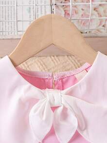 Đầm hồng không tay cho bé gái, cổ bẻ rộng, nơ trắng, bèo nhún ren, kiểu dáng công chúa mùa hè. - Hồng - Xem 3