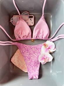 女士夏季泳装度假系列，甜美粉色花朵水钻挂脖三角比基尼，系带三角裤两件套，性感显瘦收腹，甜美风格比基尼套装，时尚泳装，适合海滩度假和拍照 - 粉色 - 查看 8