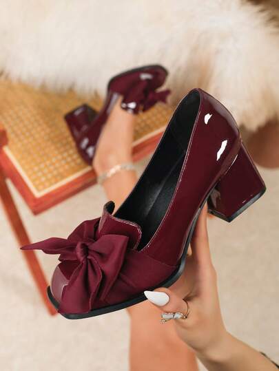 Plus Size Women's Mary Jane Pumps, Thick Heels, Square Toe, Red, Burgundy High Heels, Small Leather Shoes, Large Size
