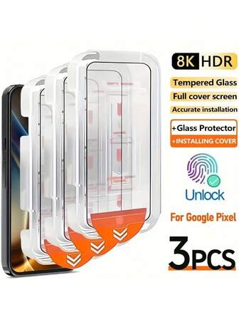 3 Pcs Full Cover Screen Protector For Google Pixel 10 / 10a / 10 Pro XL / 9 / 9a/ 9 Pro/ 9 Pro XL / 8 / 8A /8 Pro/ 7 / 7A / 6A, Auto Dust-Elimination Installation, 9H Hardness, Anti-Fingerprint, Anti-Scratch, Full Coverage, Dust-Free, HD Transparent, Fingerprint Unlocking