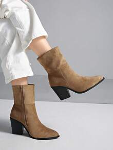 Women's Pointed Toe Chunky High Heel Ankle Boots, New Arrival For Autumn - Khaki - View 2