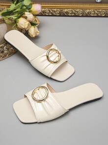 Plus Size 35-43 Summer New Fashion Versatile Slide Sandals, Square Toe Beige Flat Slip-On Silver Open Toe Comfortable Breathable Daily Outdoor Black Beach Slippers - Beige PU - View 7