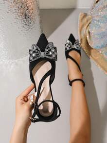 New Fashion Women's Pointed Toe Black Rhinestone Bow Mary Jane Shoes - Black - View 3