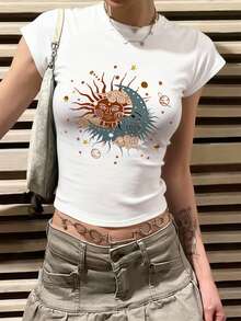 Áo thun nữ cổ tròn tay ngắn, kiểu dáng thời trang mùa hè mới với họa tiết mặt trời và mặt trăng, thích hợp mặc hàng ngày. - trắng - Xem 6