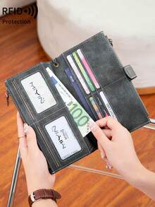 MIYIN Cartera de mujer vintage de moda de gran capacidad y multifunción con bloqueo RFID para tarjetas de crédito/identificación, monedas, efectivo, recibos. Cartera de embrague con bolsillo con cremallera doble, regalo de cumpleaños, aniversario para mujer - Gris - Ver 7