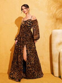 LOVE&LEMONADE 棕色豹纹长袖单肩褶皱网纱拼接褶皱开衩下摆长款派对连衣裙 - 棕色 - 查看 2