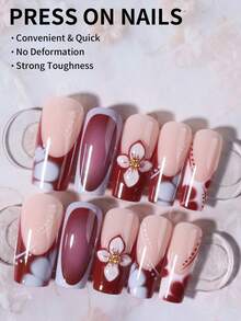 24 piezas Pegatinas de uñas de gel 3D con flores largas y cuadradas, decoración de perlas falsas para manicura francesa, incluye 1 pieza de gel de gelatina y 1 pieza de lima de uñas, adecuado para mujeres en el trabajo diario, fiestas y ocasiones, suministros de uñas - Multicolor - Ver 5