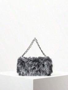 Solid Fuzz Soft Candy Color Chain Satchel Bag, Y2K Style Women Shoulder Bags, Cute Charm Clutch, Holiday Party Dress, Random Pattern Fur Purse, Halloween Purse Fancy Party Halloween Fashion & Gothic Fashion, New Arrival Fur Bag Women - Gray - View 1