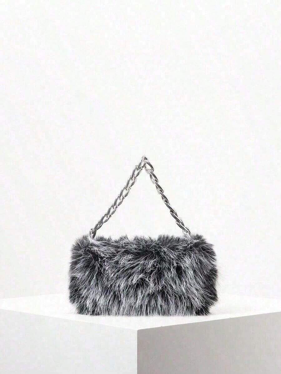 Solid Fuzz Soft Candy Color Chain Satchel Bag, Y2K Style Women Shoulder Bags, Cute Charm Clutch, Holiday Party Dress, Random Pattern Fur Purse, Halloween Purse Fancy Party Halloween Fashion & Gothic Fashion, New Arrival Fur Bag Women - Gray - View 1