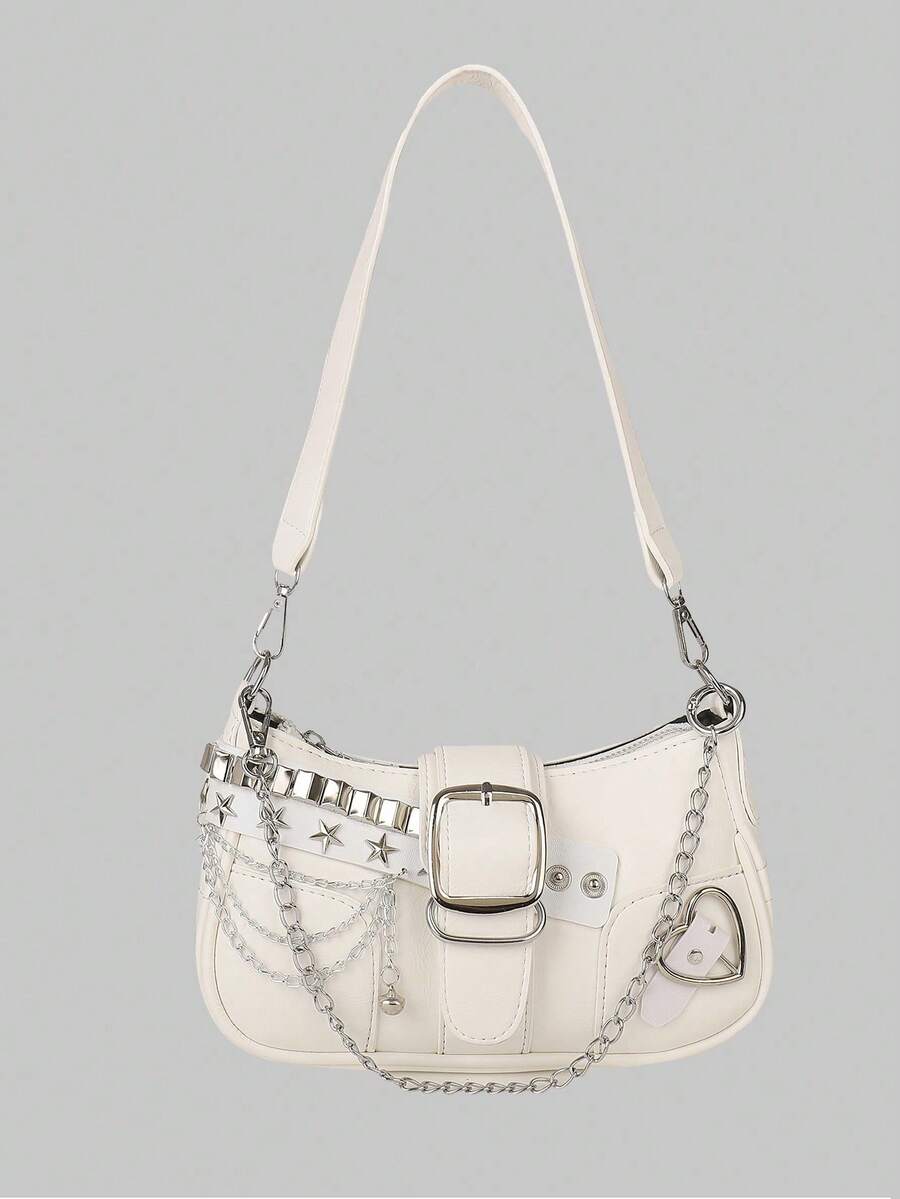 ROMWE Kawaii Punk Rock Crossbody Bag For Women - Chain Decor Dark Goth Style Shoulder Bag Cute Girly Fashion Purse - trắng - Xem 1