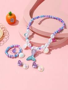 5pcs Girls Mermaid Princess Jewelry Set, Includes Necklace, Bracelet, Earrings, Ring, Suitable For Girls Party Favors/Birthday Gifts/Holiday Gifts - Multicolor - View 5