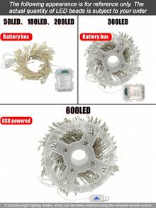 100/200/300/600 Peças Luzes de Corda LED Branco Quente, Luzes de Corda LED Alimentadas por Bateria, Controle Remoto com 8 Modos, Adequado para Decoração de Festa de Natal em Casa, Baterias Não Incluídas - luz branca - Visão 3