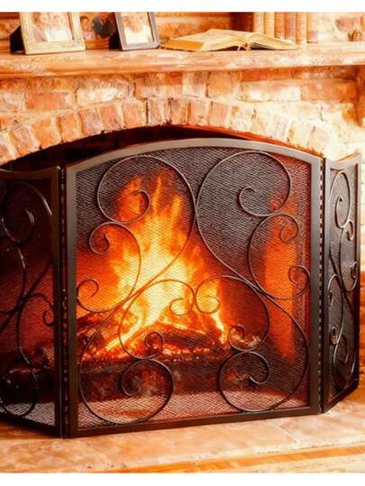 51-Inch Fireplace Screen With Three-Piece Spark Guard, Foldable Wrought Iron Metal Door, Ideal For Living Room Home Decor