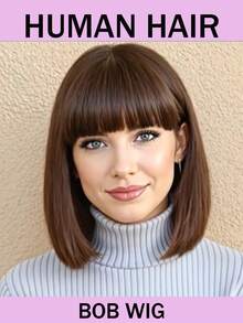 150%密度棕色短刘海波波头假发，真人发丝，无需胶水，方便女性日常佩戴。 - S4 - 查看 1